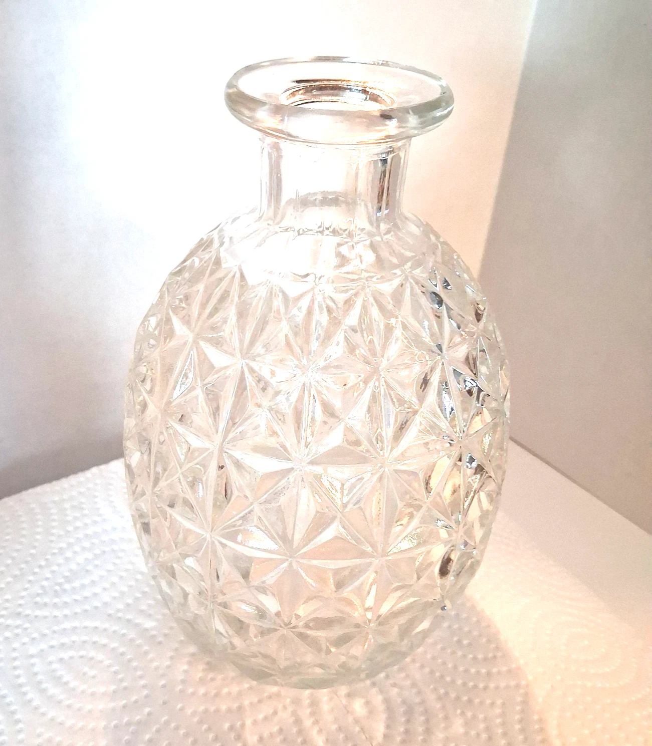 Clear Pressed Glass Diamond Pattern Bottle Vase Unmarked