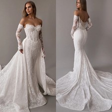 Mermaid Gorgeous Lace Dress With Overskirt Long Sleeves Bone Bodice Button Back