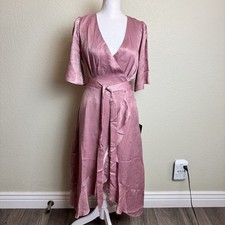 Lulus Women's Dress Dusty Rose Short Sleeve Size 2 Back Zip Midi Ruffle Tie NWT