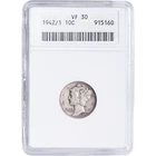 1942/1 Mercury Dime ANACS VF30 Old Soapbox Holder