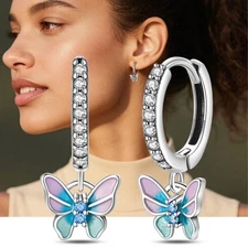 KUNSIR 925 Sterling Silver Dream Chasing Butterfly Drop Hoop Earrings for Women
