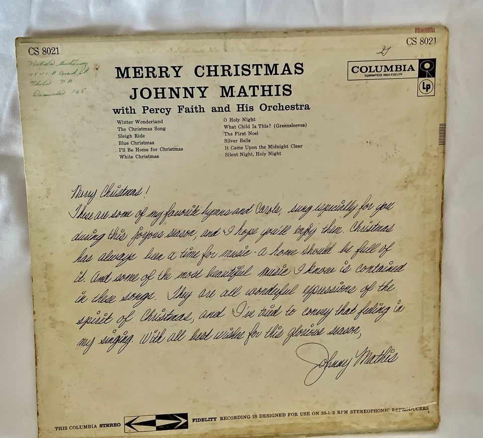 Johnny Mathis: Merry Christmas (1966 Vinyl LP #CS-8021) Good + Condition - Image 2 of 4