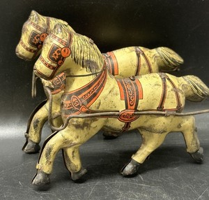 Pair Of Antique Litho Tin Toy Horses For Parts Restoration