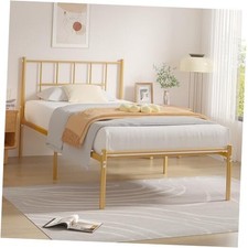 Metal Platform Bed Frame with Headboard, Heavy Duty Steel Slat Twin Gold