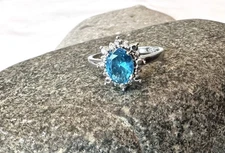 SJM Sterling Silver Blue & White Topaz Halo Burst Cluster Ring 925 Size 7