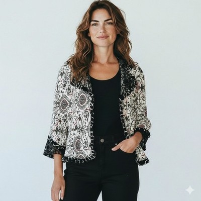 Alberto Makali Boho Lace Trim Medallion Jacket Crinkle Knit Art-To-Wear Y2K XL