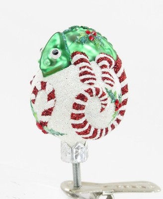 Patricia Breen Hand-Blown & Painted 2.5'' Chameleon Candycane Glass Ornament Clip