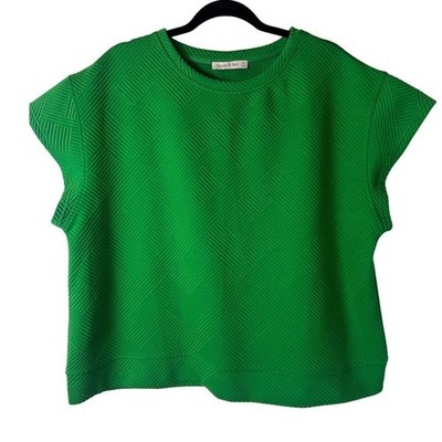 SEE AND BE SEEN Textured Geometric Knit Top Short Sleeve Crew Neck Green Medium