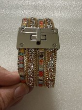 Multicolor Beaded Wrap Bracelet Adjustable Turnlock Closure Leather Metal Beads