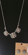 Vintage Signed Liz Clairborne Silvertone Necklace Rhinestones And Dangle Pierced