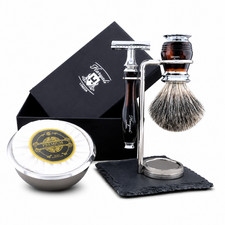 5PCS Shaving Kit with badger shaving brush, DE Safety Razor, Stand, Bowl Soap