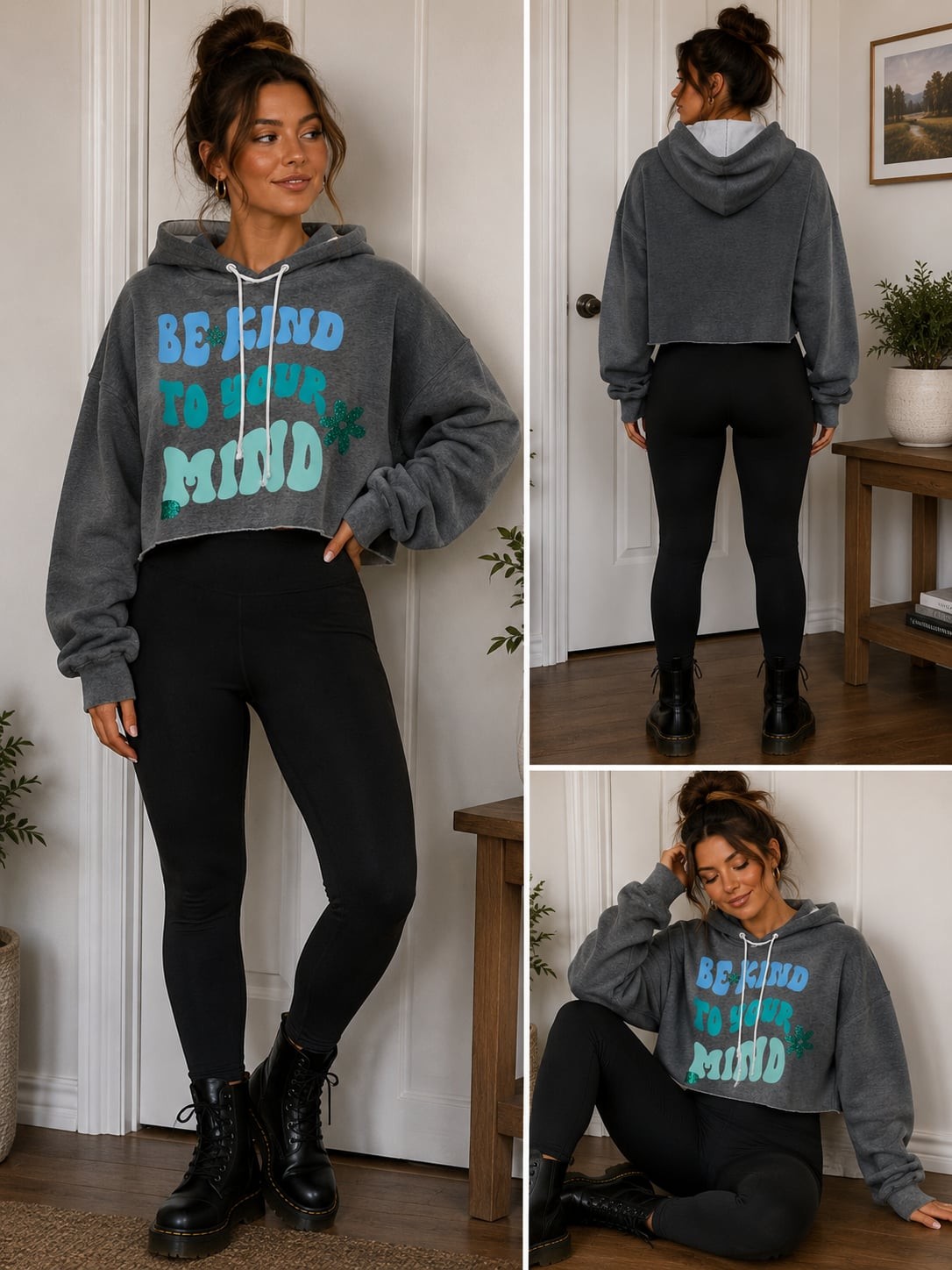 Wild Fable Gray Cropped Hoodie Sweatshirt Size M Be Kind To Your Mind Graphic