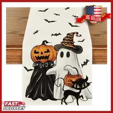 Ghost Spooky Jack-O'-Lantern Pumpkin Halloween 13" x 72", Table Runner Beige