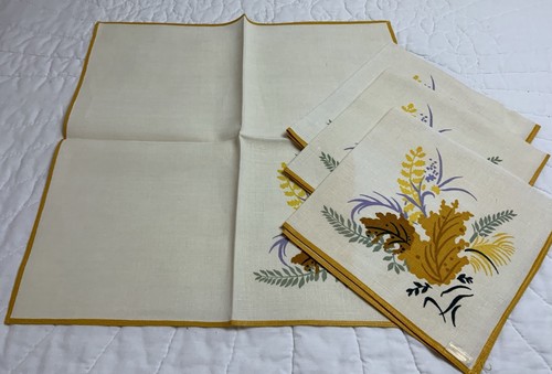 Four Vintage Dinner Napkins, Germany, Printed Floral Design, Linen, Multi Color