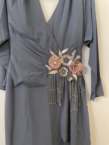 Casadei Vintage 80s Cocktail Vneck Dress Gray/blue Size 10-embellished Waist - Picture 2 of 8