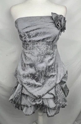 VTG Prom Dress 7 Silver Strapless Bubble Hem Y2K Fairy Coquette HOCO Rosette - Image 1 of 4