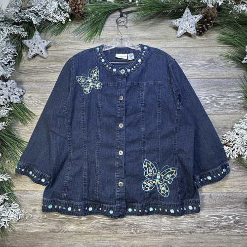 Alfred Dunner Women's Jean Jacket Size 18 Blue Denim Butterfly Beaded