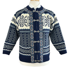 Dale of Norway Cardigan Sweater Men's S Nordic Fair Isle Wool Clasps Blue White