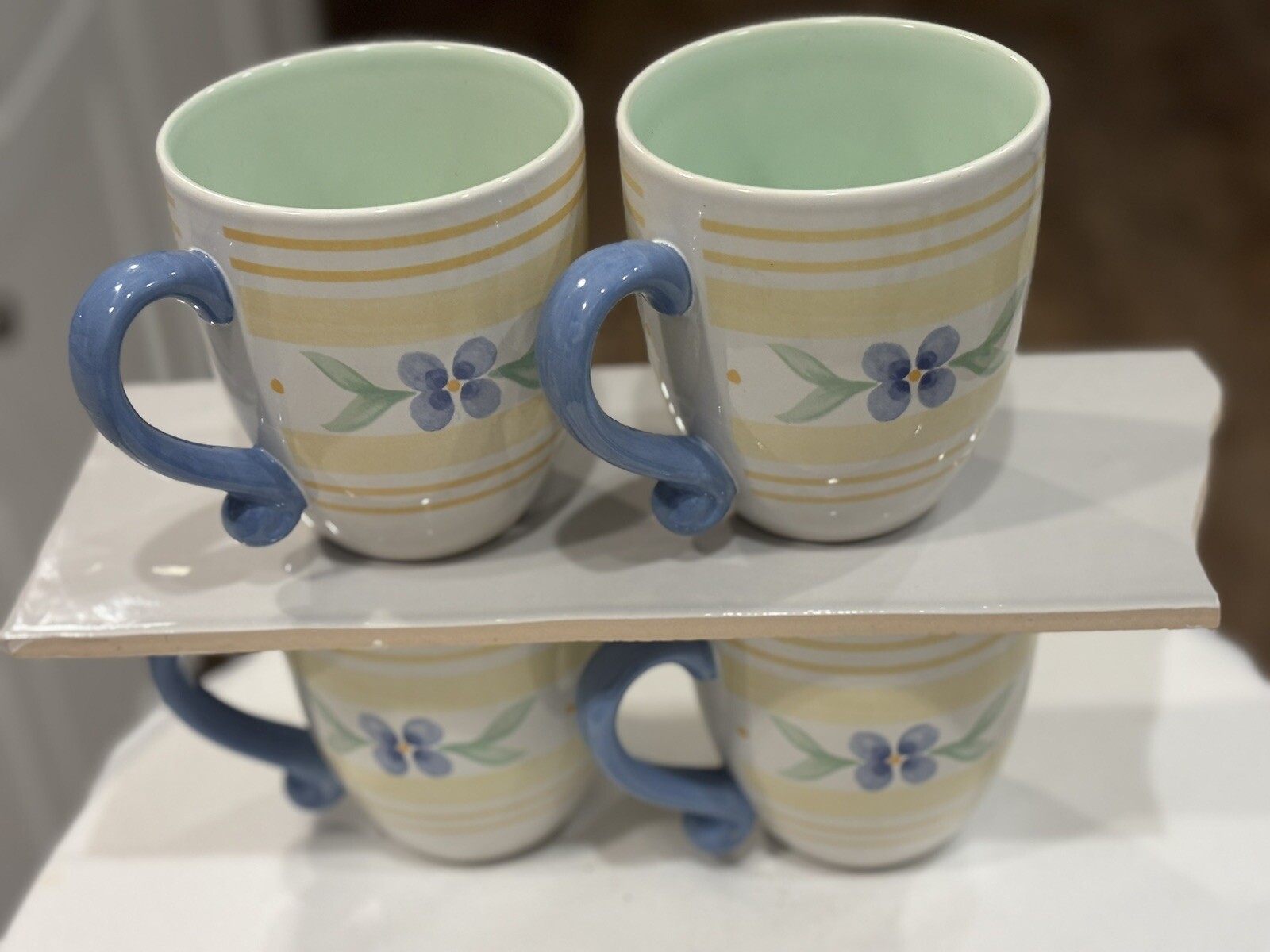 Pfaltzgraff Blue Floral Yellow Plaid Trellis Mugs Set of 4 Vintage Summer Breeze