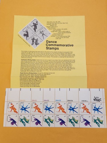 SCOTT #1749-52, 13¢ Amer. Dancing FULL PB of 16, w/USPS description letter