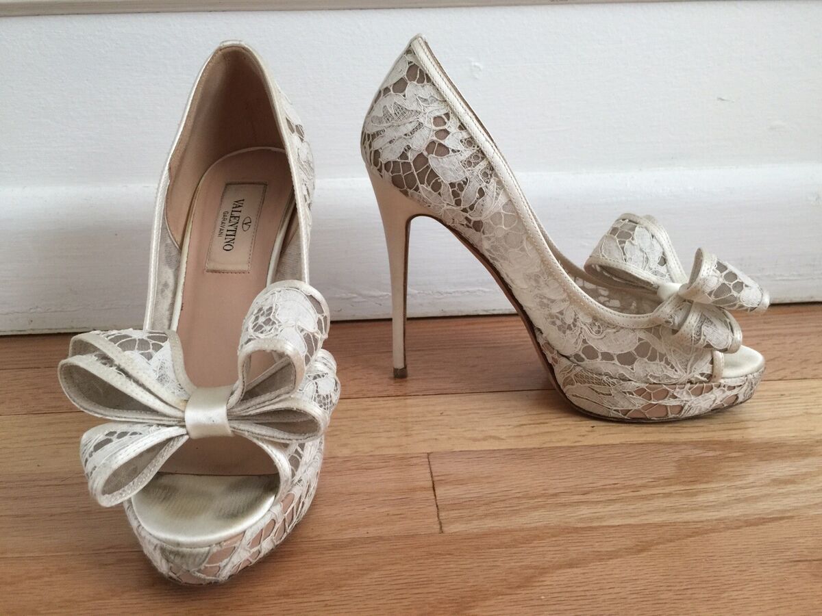 Valentino Bow Ribbon Shoes High Heels Platform Leather White Valentino Bow Ribbon Shoes High Heels Platform Leather White