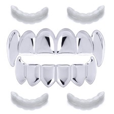 Silver Plated Top Bottom Teeth Vampire Fangs Grillz 2 Extra Molds SET LS020 S