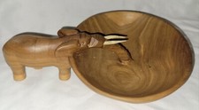 Wood Carved Elephant Drinking Wooden Bowl African Safari Tusks Rare Trinket