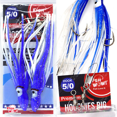 Fish WOW! Hoochies Rig Fishing Blue 4-3/4 inch Squid Skirt  5/0 Octopus Hook NEW