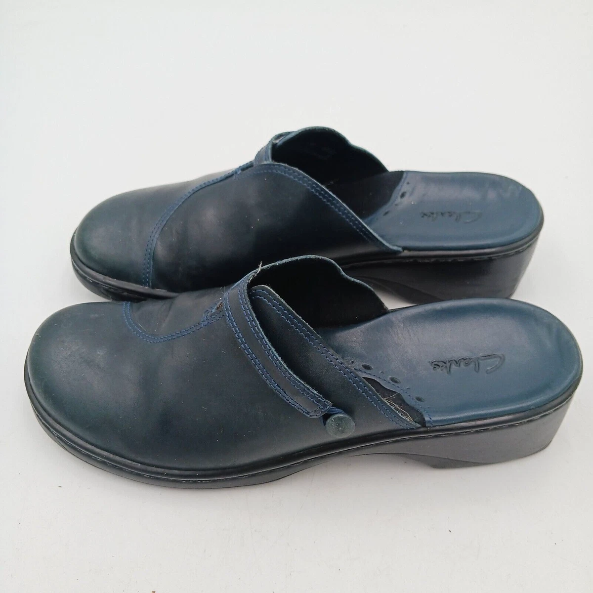 Clarks Leather Upper Mule Slides 71417 Women s Navy Blue Clogs