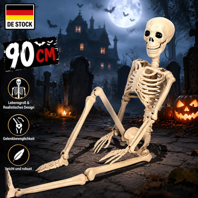 Lebensgroß Skelett Halloween 90cm Beweglich Ganzkörper Partydeko Knochenweiß