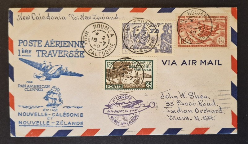 1940 First Flight Noumea New Caledonia Auckland NZ FAM 19 F19-7 Air Mail Cover