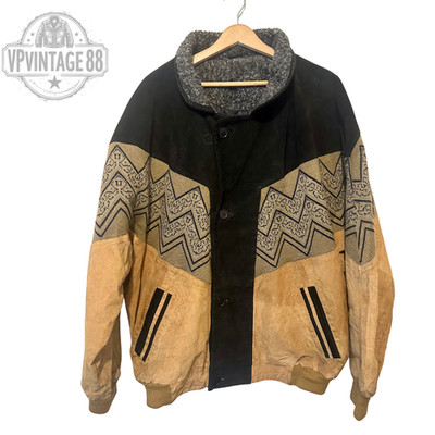 Vintage Aztec Navajo Bomber Jacket - Inca Style Tan Brown Leather Festival Coat