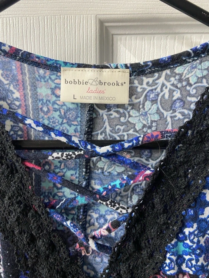 Bobbie Brooks Tank Top Womens Large Black Boho Quilt Look Jersey Swing Lace Trim - Image 3 of 4