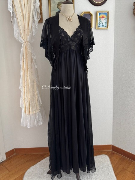 Shadow Line Black Nylon Chiffon Peignoir Set Size S/M-Excellent Cond*READ*