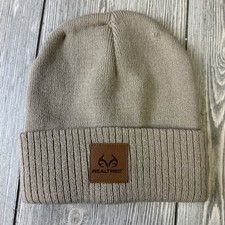 Tan Realtree Youth Patch Logo Knitted Cuffed Beanie Hat Stretchy Warm Hunting