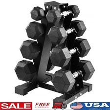 100LB Rubber Coated Hex Dumbbell Weight Set A-Frame Rack 5-20lbs Fitness New