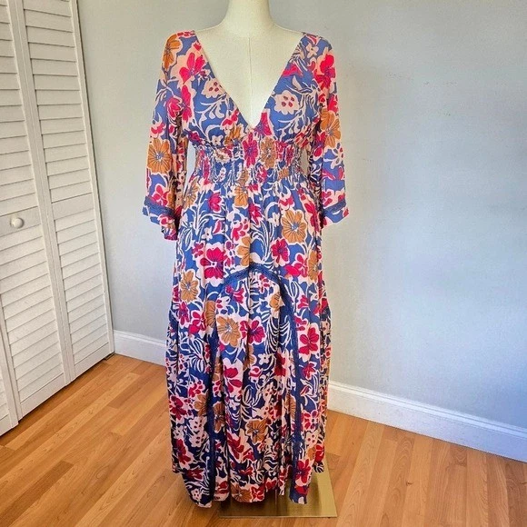 Maxi Vestido Free People Dixie Estampado Floral Borde de Encaje Talla L Algodón Cottagecore Foto 2 de 4