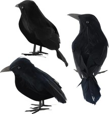 3 Pack Black-Feathered Crows Halloween Decorations - Realistic Artificial Handma