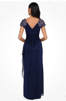 Xscape Lace-Sleeve Chiffon Gown - Navy Blue