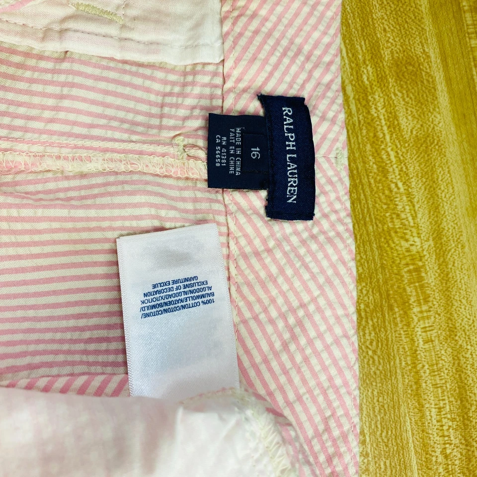 RARO Ralph Lauren Seersucker Mujeres Pantalones Cortos con Cinturón Talla 16 Rosa Blanco Rayas Poni Foto 2 de 4
