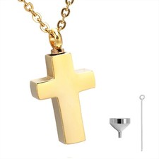 Plain Gold Cross Urn Necklace for Ash cremation Gift keepsakes Fill kit