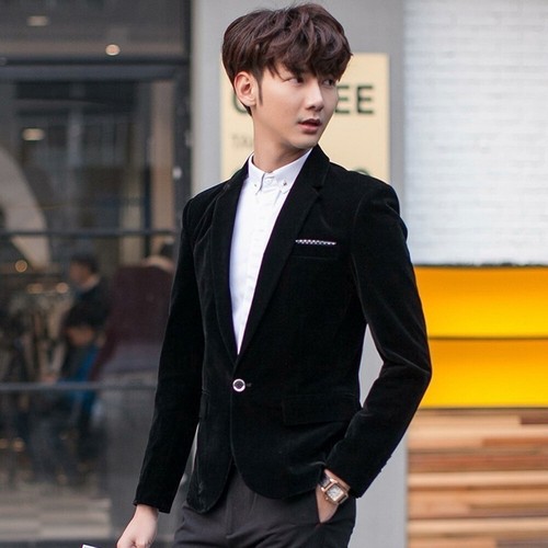 Men Velvet Notch Lapel Suit Jacket Tops Blazer Tunic Top Coat Casual Smart Fit - Picture 12 of 13