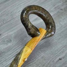 Wooden walking stick hand carved beautiful cobra snake handmade walking cane