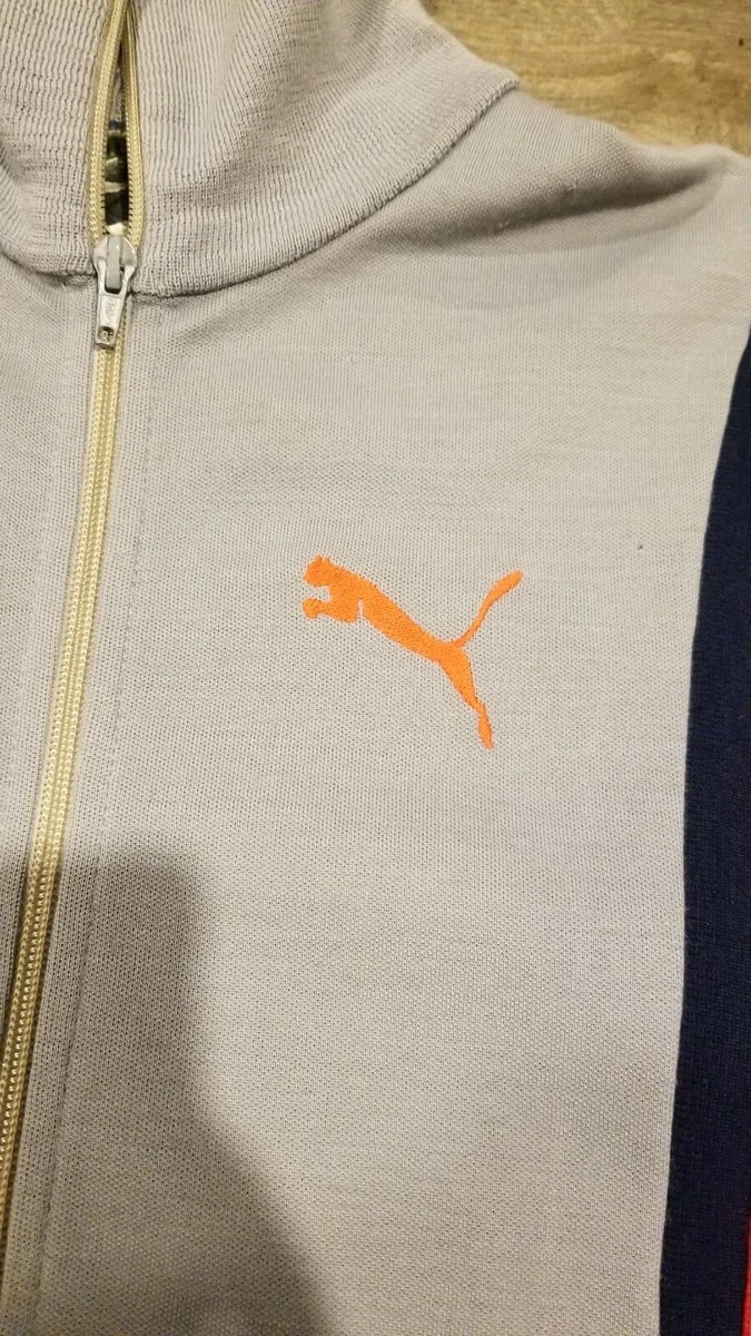 Vtg 70s 80s Puma Track Jacket Full Zip Racing Stripe Gray Orange sz M
