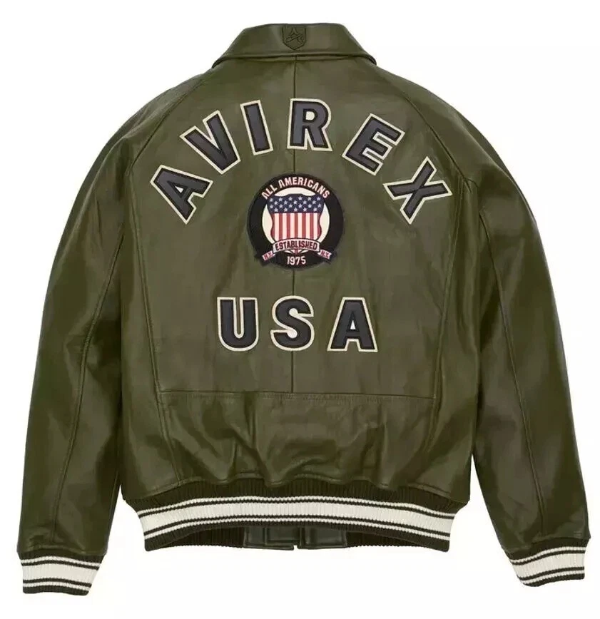 Men's AVIREX Bomber American Flight Jacket Olive Lamb soft Leather Jacket