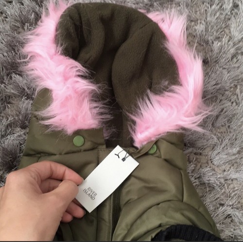River Island Dog’s Military Green Parka With Pink Faux Fur Collar Hood Size L - Picture 5 of 10