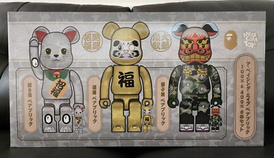 BEARBRICK BAPE Shishimai & Silver Maneki Neko & Gold Daruma 400