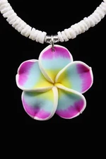 Puka Shell Necklace Fimo Plumeria Flower - 18", Hawaiian, Purple Blue Yellow