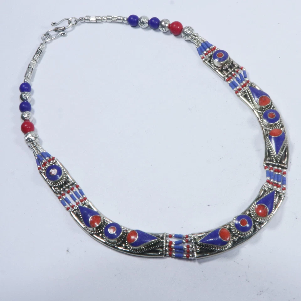 Autêntico colar tribal de lápis-lazúli com miçangas de coral persa boho joia 18" - Imagem 2 de 4