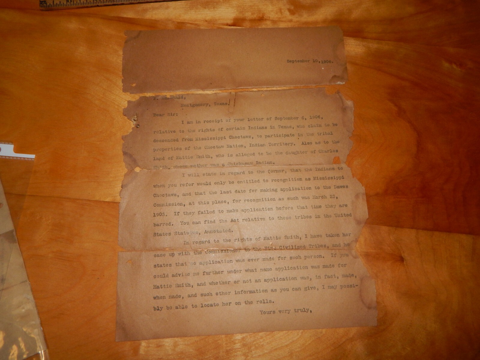 1906 LETTER MONTGOMERY TEXAS MISSISSIPPI CHOCTAWS NATION INDIAN